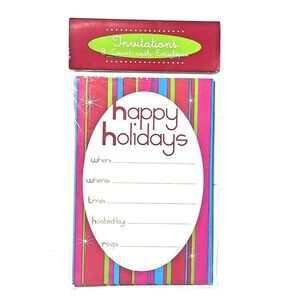 8 Pk Happy Holidays Party Invitations 4x6” Bright Color Stripes 50/60s Vibe 2004